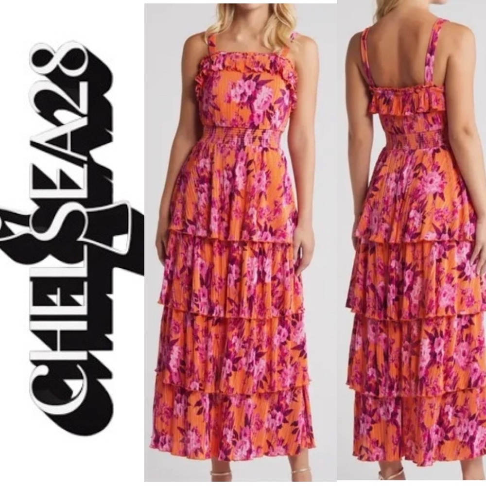 Like New Chelsea28 Vibrant Floral Tiered Plisse Maxi Dress small